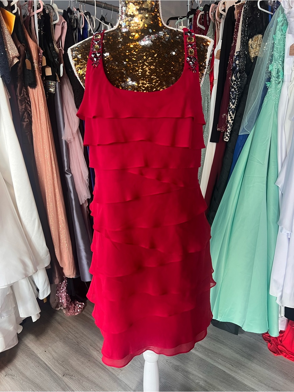 S.L. Fashions Red Tiered Sleeveless Dress with Embellished Straps